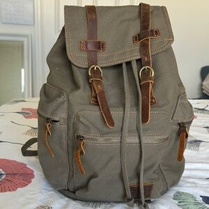Men's Canvas Backpack with Brown Leather Trim - Olive